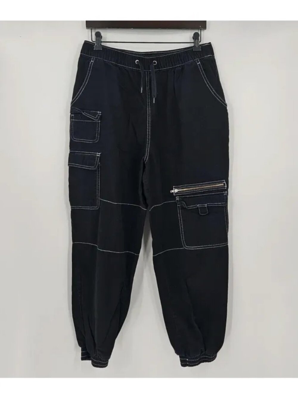 Hot Topic Black Cargo Jogger Pants Size L Contrast Stitch Utility Pockets